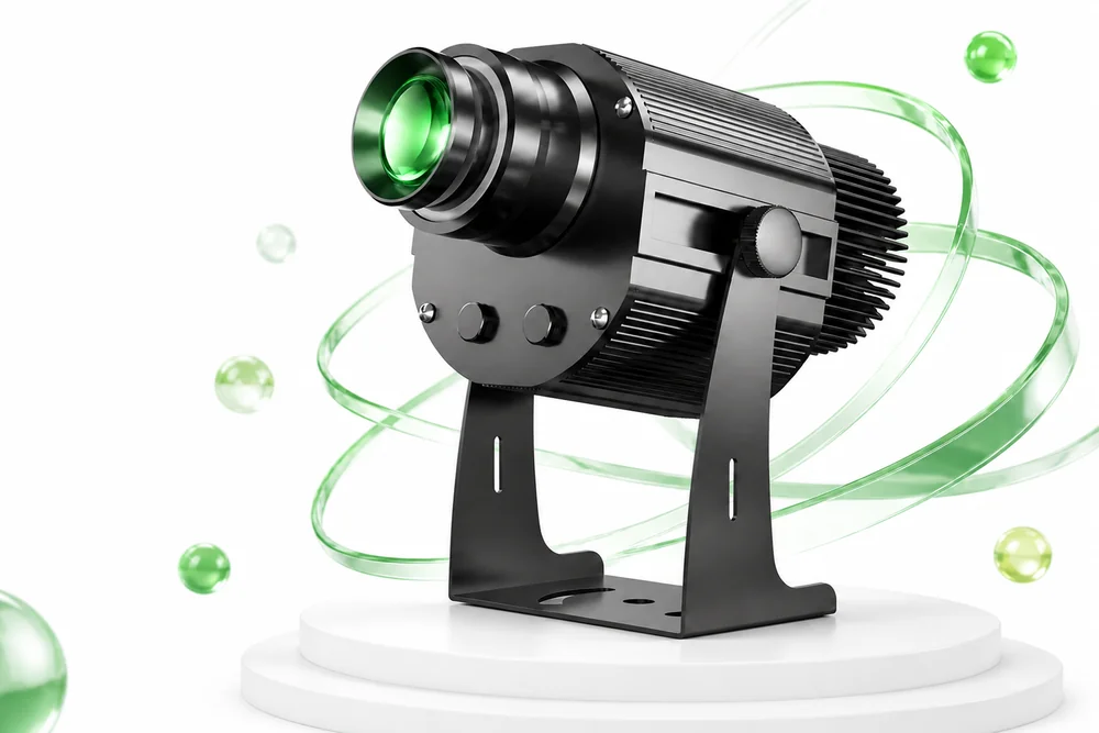 Large black Gobo projector with green liquid light effects on a white background
